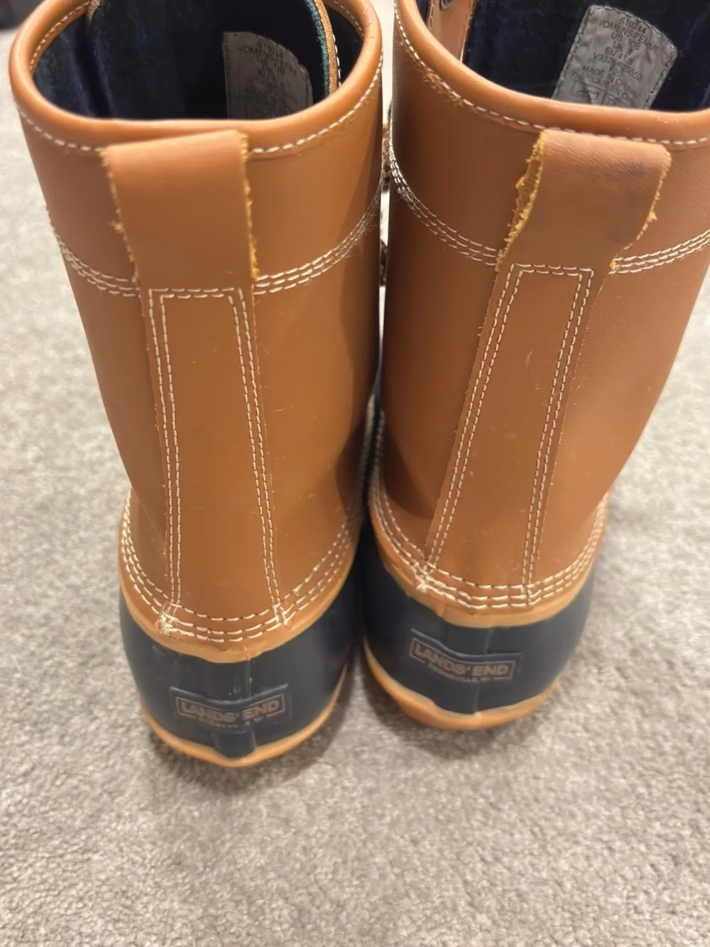 Women's Lands End Brown and Navy Lace-Up Duck Boots - Waterproof Winter Boot